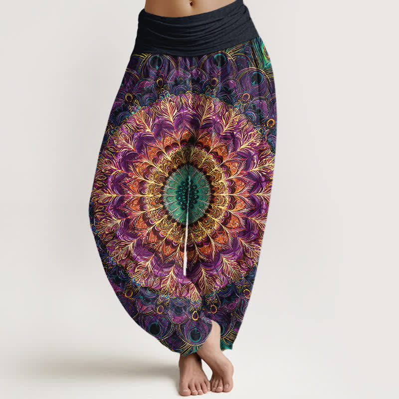 Buddha Stones Harembroek voor dames met elastische Taille en mandala- en verenpatroon van 100% Cotton - Paars - US16, UK/AU20, EU48 (3XL) - image 0