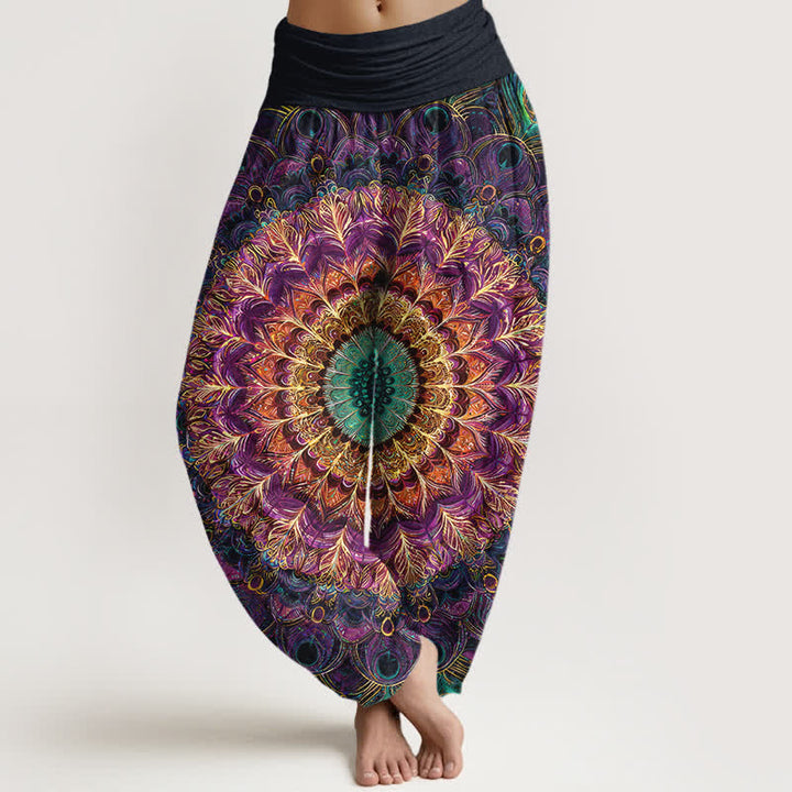 Buddha Stones Harembroek voor dames met elastische Taille en mandala- en verenpatroon van 100% Cotton - Paars - US16, UK/AU20, EU48 (3XL) - image 0