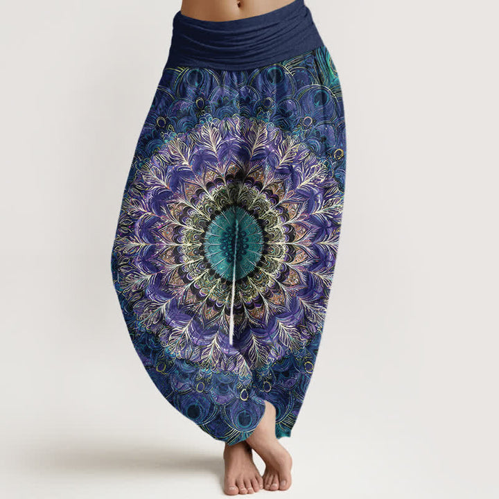 Buddha Stones Harembroek voor dames met elastische Taille en mandala- en verenpatroon van 100% Cotton - Marine - US16, UK/AU20, EU48 (3XL) - image 5