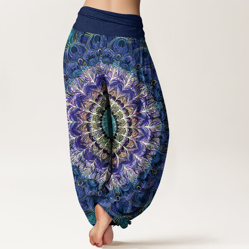 Buddha Stones Harembroek voor dames met elastische Taille en mandala- en verenpatroon van 100% Cotton - image 7