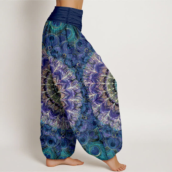 Buddha Stones Harembroek voor dames met elastische Taille en mandala- en verenpatroon van 100% Cotton - image 6