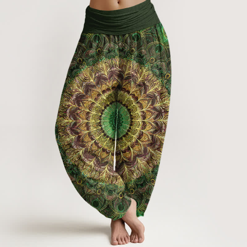 Buddha Stones Harembroek voor dames met elastische Taille en mandala- en verenpatroon van 100% Cotton - Donker olijfgroen - US16, UK/AU20, EU48 (3XL) - image 8