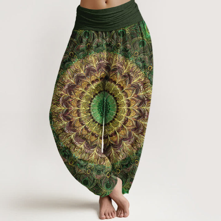 Buddha Stones Harembroek voor dames met elastische Taille en mandala- en verenpatroon van 100% Cotton - Donker olijfgroen - US16, UK/AU20, EU48 (3XL) - image 8
