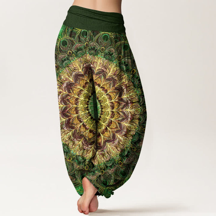 Buddha Stones Harembroek voor dames met elastische Taille en mandala- en verenpatroon van 100% Cotton - image 10
