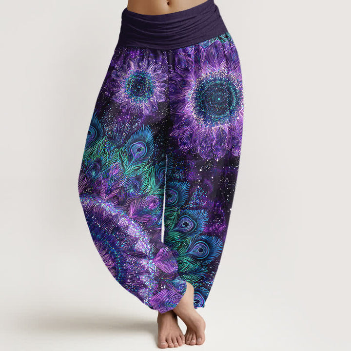 Buddha Stones Dames harembroek met elastische Taille en katoenen pauwenverenpatroon - Blauwviolet - US16, UK/AU20, EU48 (3XL) - image 0