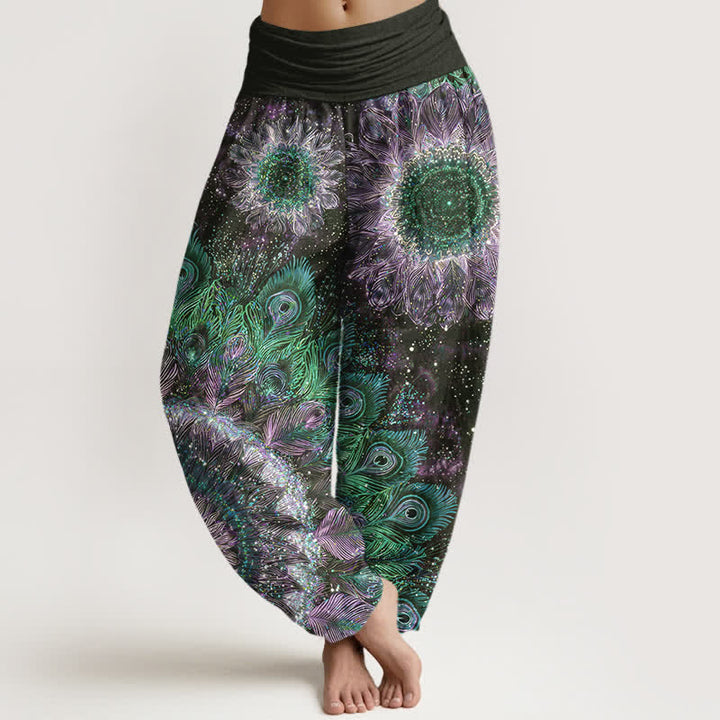 Buddha Stones Dames harembroek met elastische Taille en katoenen pauwenverenpatroon - Zwart - US16, UK/AU20, EU48 (3XL) - image 5