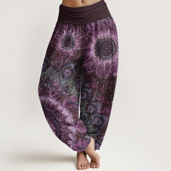 Buddha Stones Dames harembroek met elastische Taille en katoenen pauwenverenpatroon - Paars - US16, UK/AU20, EU48 (3XL) - image 8