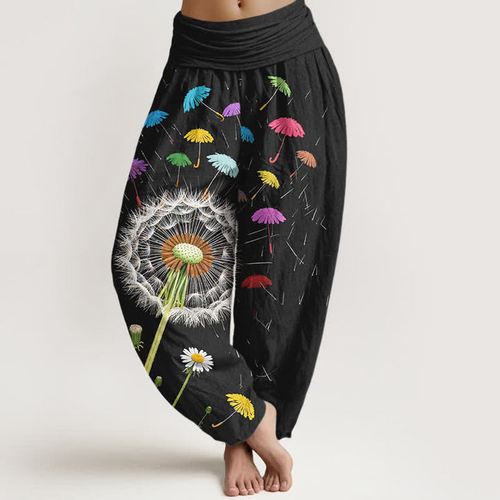 Buddha Stones Harembroek voor dames met elastische Taille en paardenbloemmotief van 100% Cotton - Zwart - US16, UK/AU20, EU48 (3XL) - image 0