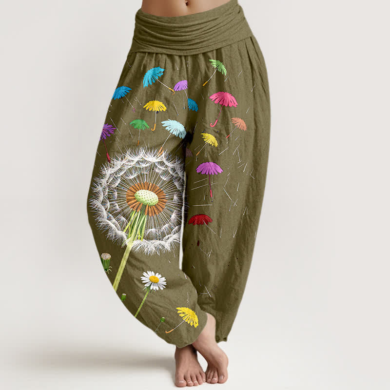 Buddha Stones Harembroek voor dames met elastische Taille en paardenbloemmotief van 100% Cotton - Donker kaki - US16, UK/AU20, EU48 (3XL) - image 8