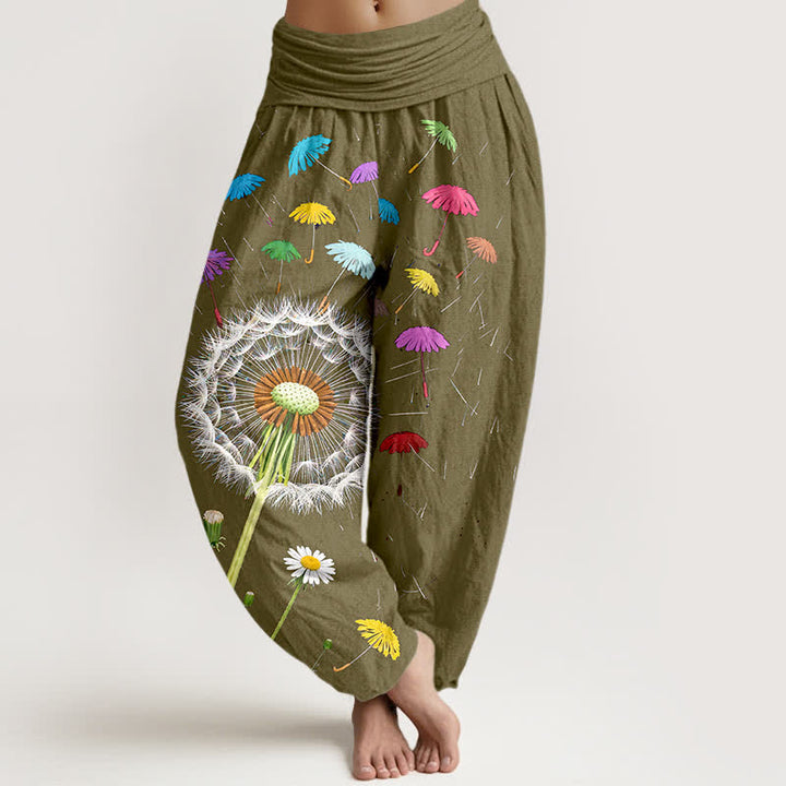 Buddha Stones Harembroek voor dames met elastische Taille en paardenbloemmotief van 100% Cotton - Donker kaki - US16, UK/AU20, EU48 (3XL) - image 8