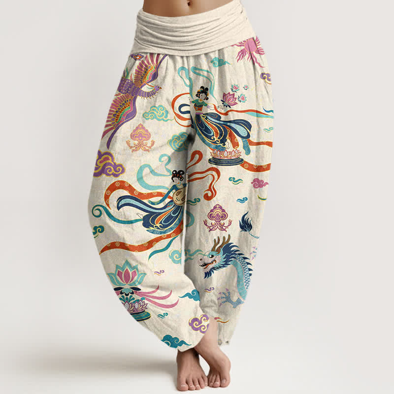 Buddha Stones Dames harembroek met elastische Taille en draken-, feniks- en lotuspatroon. - Ivoor - US16, UK/AU20, EU48 (3XL) - image 0
