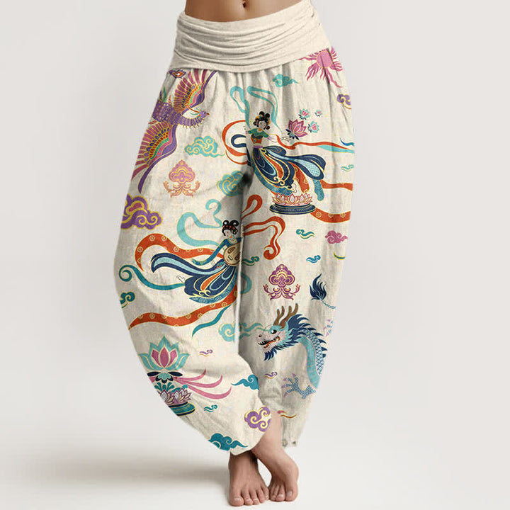 Buddha Stones Dames harembroek met elastische Taille en draken-, feniks- en lotuspatroon. - Ivoor - US16, UK/AU20, EU48 (3XL) - image 0