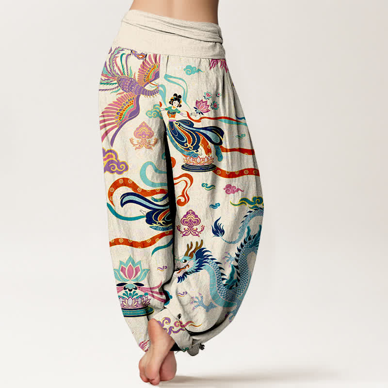 Buddha Stones Dames harembroek met elastische Taille en draken-, feniks- en lotuspatroon. - image 2