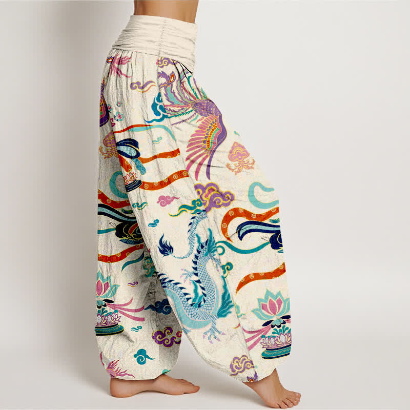 Buddha Stones Dames harembroek met elastische Taille en draken-, feniks- en lotuspatroon. - image 1