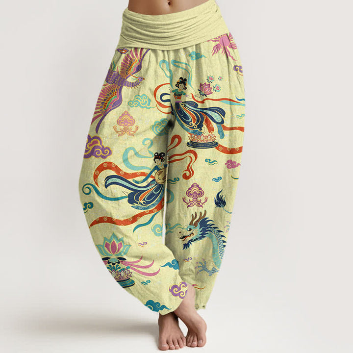 Buddha Stones Dames harembroek met elastische Taille en draken-, feniks- en lotuspatroon. - Citroenchiffon - US16, UK/AU20, EU48 (3XL) - image 5