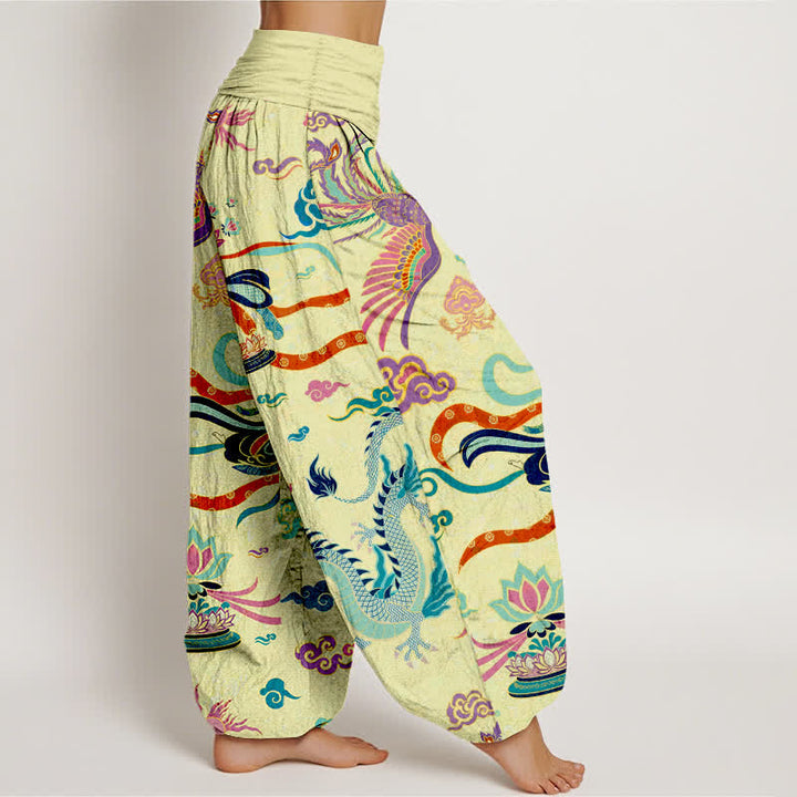 Buddha Stones Dames harembroek met elastische Taille en draken-, feniks- en lotuspatroon. - image 6
