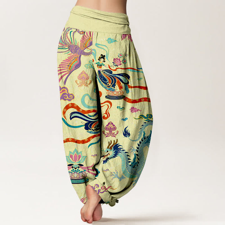 Buddha Stones Dames harembroek met elastische Taille en draken-, feniks- en lotuspatroon. - image 7