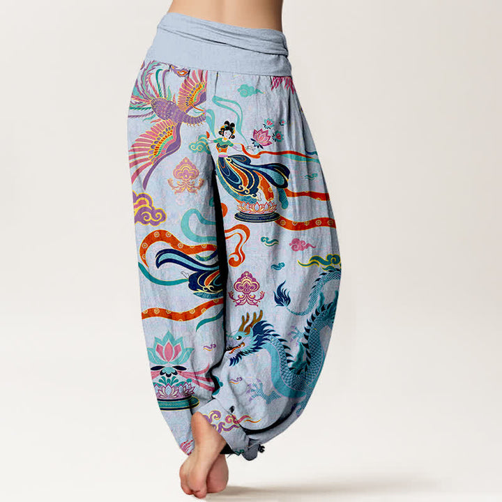Buddha Stones Dames harembroek met elastische Taille en draken-, feniks- en lotuspatroon. - image 10