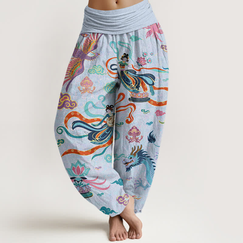 Buddha Stones Dames harembroek met elastische Taille en draken-, feniks- en lotuspatroon. - Poederblauw - US16, UK/AU20, EU48 (3XL) - image 8