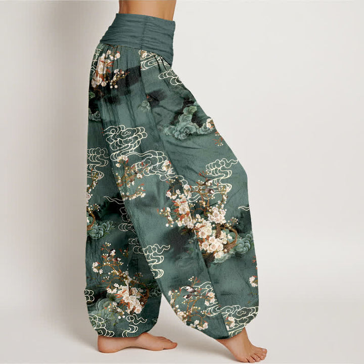 Buddha Stones Harembroek voor dames met elastische Taille en bloemen-/wolkenpatroon van 100% Cotton - image 1