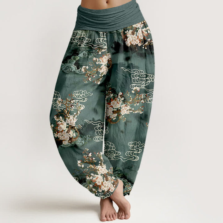 Buddha Stones Harembroek voor dames met elastische Taille en bloemen-/wolkenpatroon van 100% Cotton - Teal - US16, UK/AU20, EU48 (3XL) - image 0