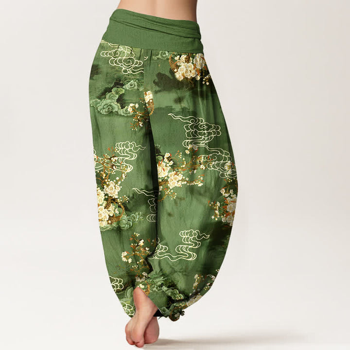 Buddha Stones Harembroek voor dames met elastische Taille en bloemen-/wolkenpatroon van 100% Cotton - image 7