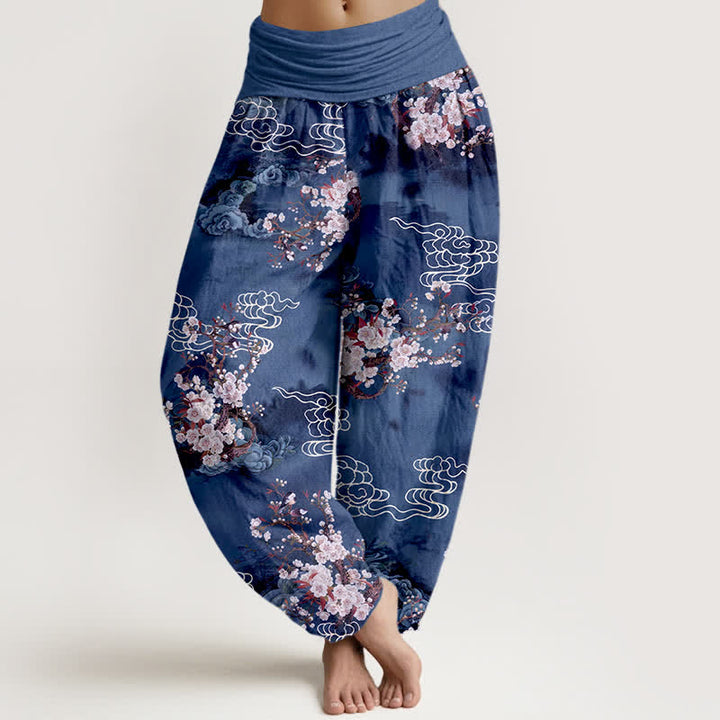 Buddha Stones Harembroek voor dames met elastische Taille en bloemen-/wolkenpatroon van 100% Cotton - Marine - US16, UK/AU20, EU48 (3XL) - image 8