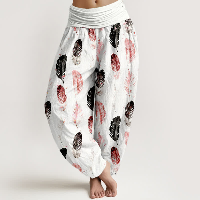 Buddha Stones Harembroek voor dames met elastische Taille en verenpatroon van 100% Cotton - Wit - US16, UK/AU20, EU48 (3XL) - image 0