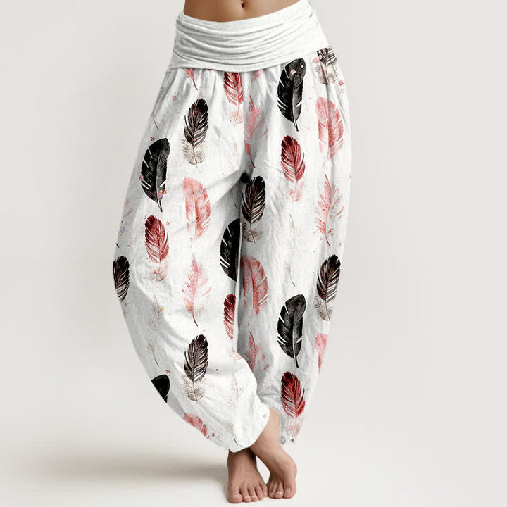 Buddha Stones Harembroek voor dames met elastische Taille en verenpatroon van 100% Cotton - Wit - US16, UK/AU20, EU48 (3XL) - image 0