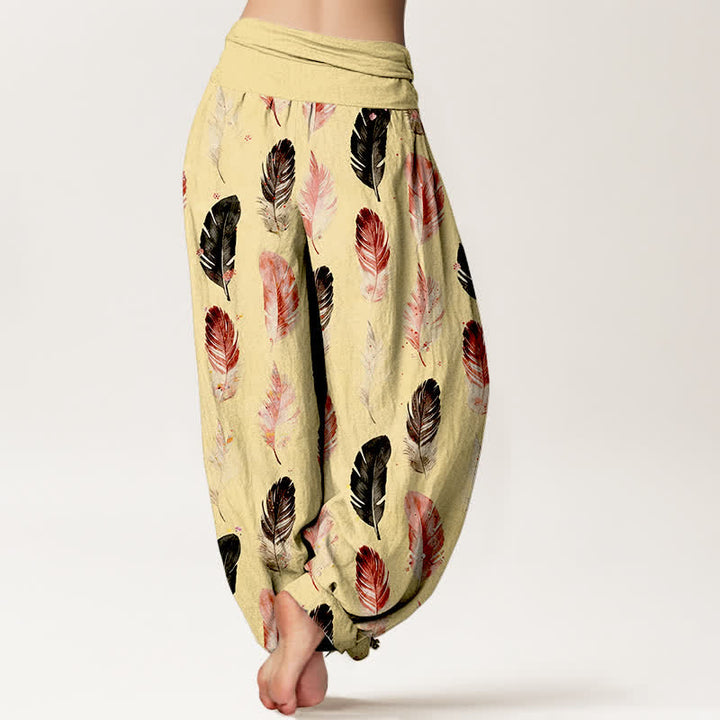 Buddha Stones Harembroek voor dames met elastische Taille en verenpatroon van 100% Cotton - image 7