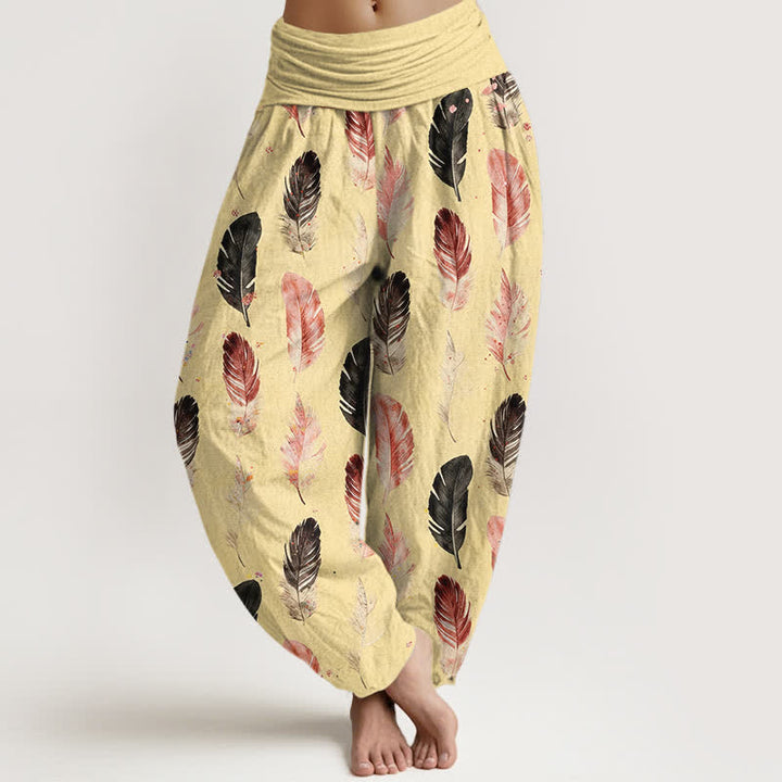 Buddha Stones Harembroek voor dames met elastische Taille en verenpatroon van 100% Cotton - Maïszijde - US16, UK/AU20, EU48 (3XL) - image 5