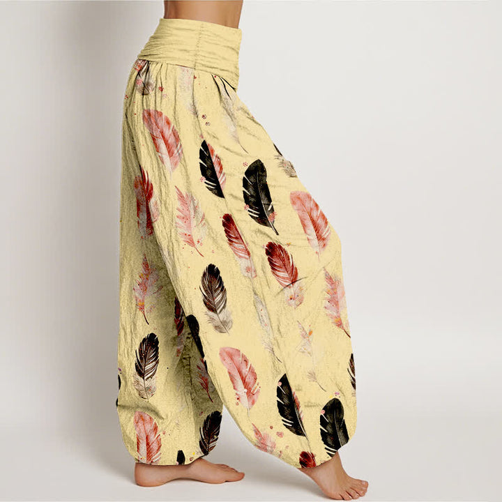 Buddha Stones Harembroek voor dames met elastische Taille en verenpatroon van 100% Cotton - image 6