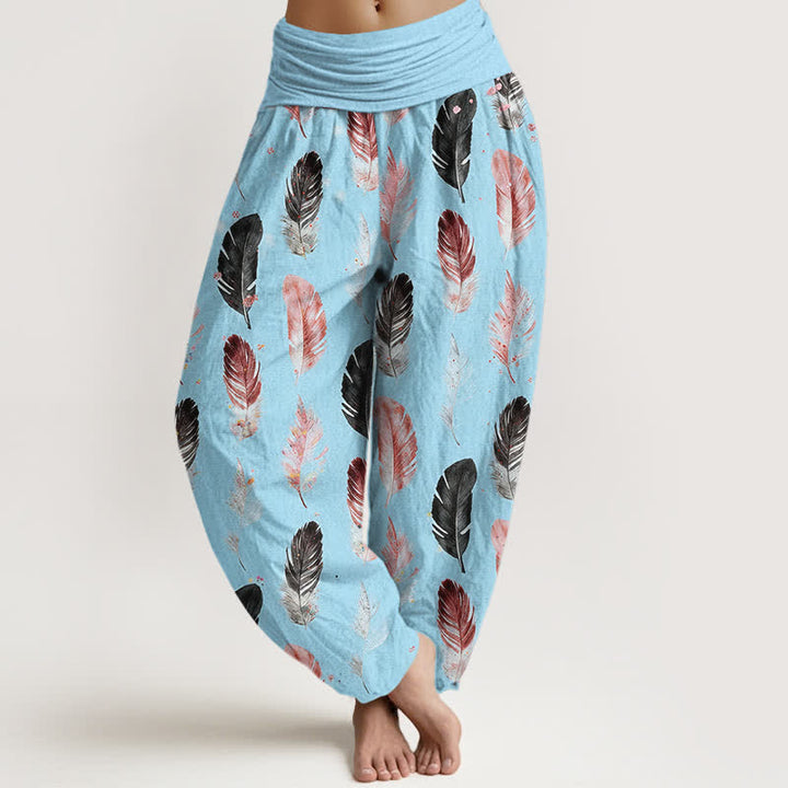 Buddha Stones Harembroek voor dames met elastische Taille en verenpatroon van 100% Cotton - Lichtblauw - US16, UK/AU20, EU48 (3XL) - image 8