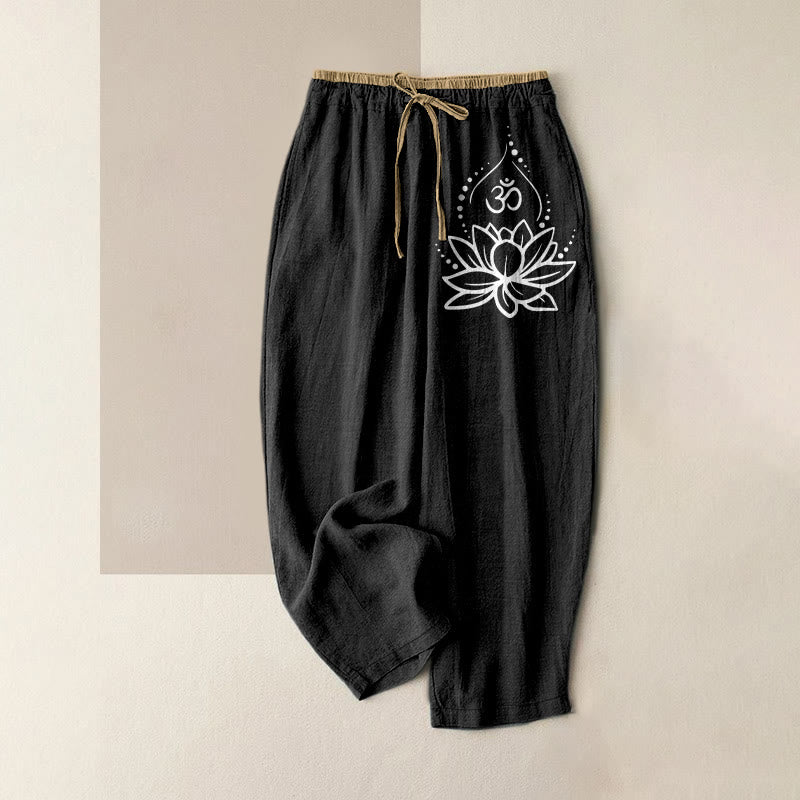 Buddha Stones Damesbroek van 100% Cotton met lotus-OM-patroon, elastische Taille en Zakken. - Zwart - US16, UK/AU20, EU48 (3XL) - image 0