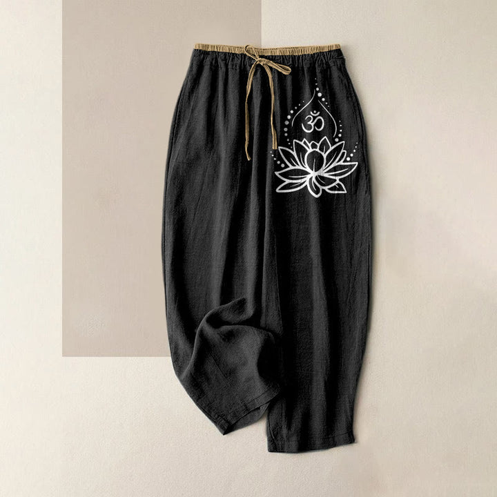 Buddha Stones Damesbroek van 100% Cotton met lotus-OM-patroon, elastische Taille en Zakken. - Zwart - US16, UK/AU20, EU48 (3XL) - image 0