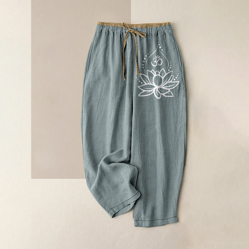 Buddha Stones Damesbroek van 100% Cotton met lotus-OM-patroon, elastische Taille en Zakken. - CadetBlue - US16, UK/AU20, EU48 (3XL) - image 4