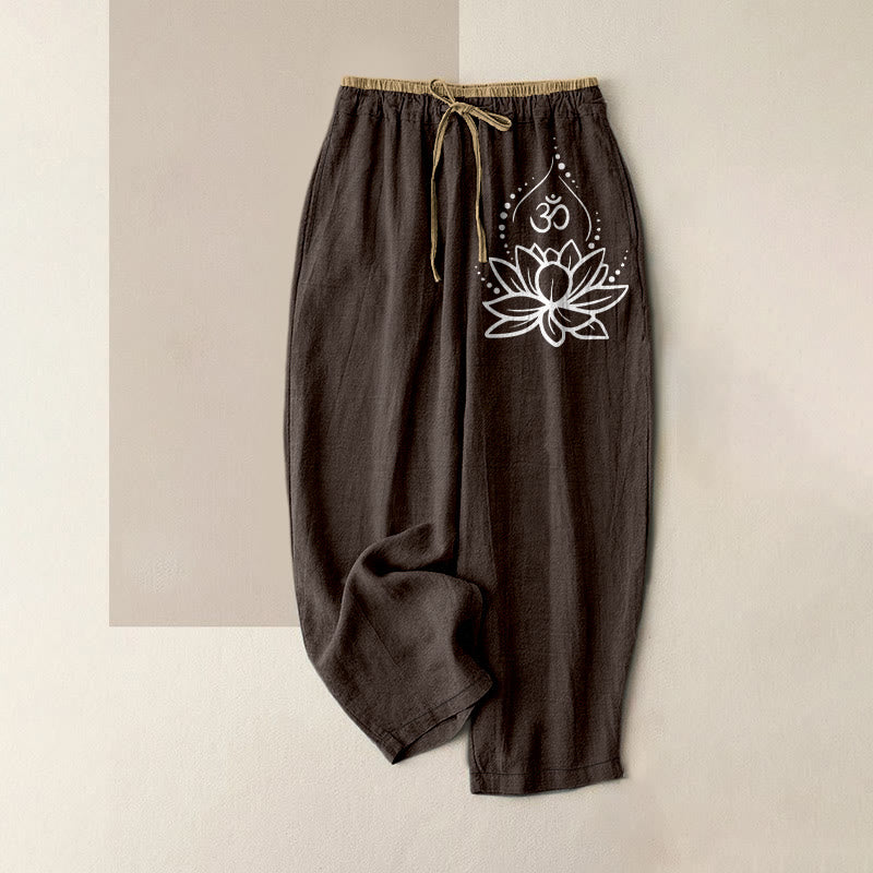 Buddha Stones Damesbroek van 100% Cotton met lotus-OM-patroon, elastische Taille en Zakken. - Zadelbruin - US16, UK/AU20, EU48 (3XL) - image 5