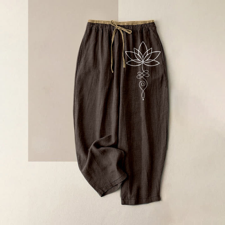 Buddha Stones Damesbroek van 100% Cotton met Zen Lotus-patroon, elastische Taille en Zakken. - Zadelbruin - US16, UK/AU20, EU48 (3XL) - image 0