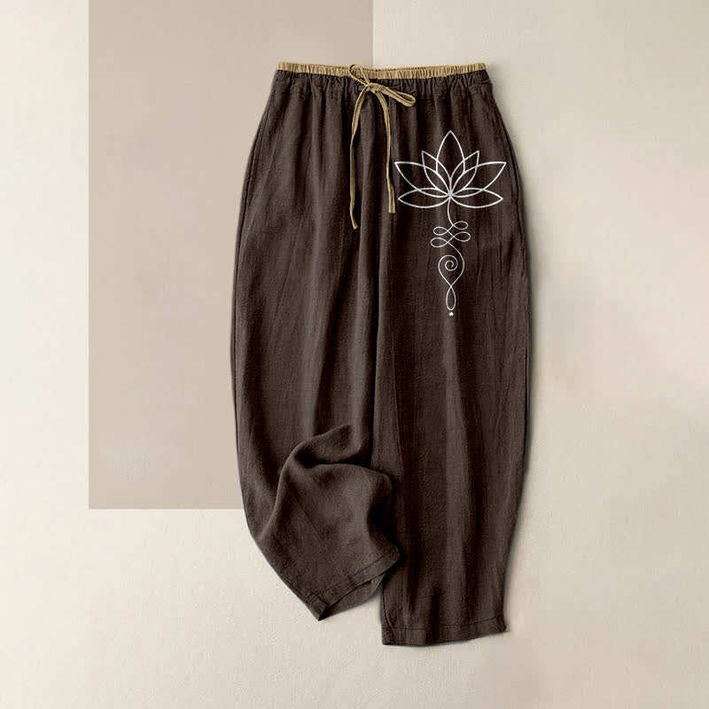 Buddha Stones Damesbroek van 100% Cotton met Zen Lotus-patroon, elastische Taille en Zakken. - Zadelbruin - US16, UK/AU20, EU48 (3XL) - image 0