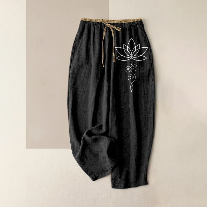 Buddha Stones Damesbroek van 100% Cotton met Zen Lotus-patroon, elastische Taille en Zakken. - Zwart - US16, UK/AU20, EU48 (3XL) - image 4