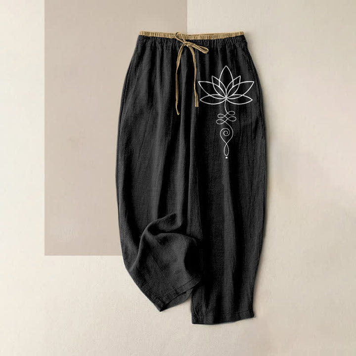 Buddha Stones Damesbroek van 100% Cotton met Zen Lotus-patroon, elastische Taille en Zakken. - Zwart - US16, UK/AU20, EU48 (3XL) - image 4