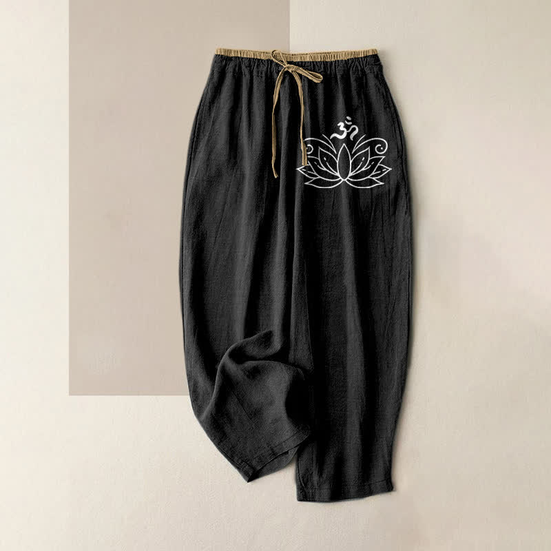 Buddha Stones Damesbroek van 100% Cotton met lotusprint, elastische Taille en Zakken. - Zwart - US16, UK/AU20, EU48 (3XL) - image 0