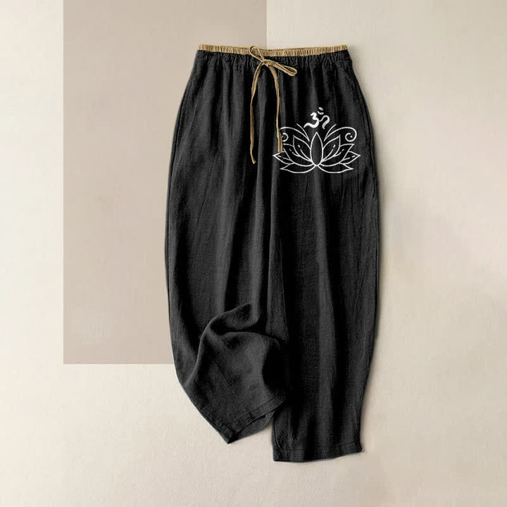 Buddha Stones Damesbroek van 100% Cotton met lotusprint, elastische Taille en Zakken. - Zwart - US16, UK/AU20, EU48 (3XL) - image 0