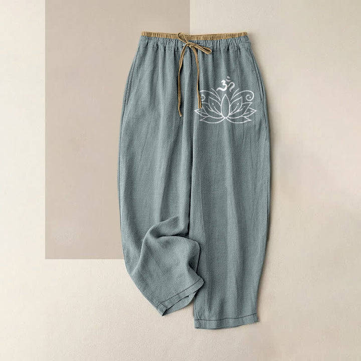 Buddha Stones Damesbroek van 100% Cotton met lotusprint, elastische Taille en Zakken. - CadetBlue - US16, UK/AU20, EU48 (3XL) - image 4