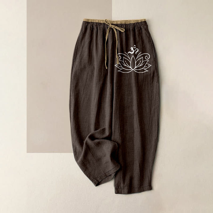 Buddha Stones Damesbroek van 100% Cotton met lotusprint, elastische Taille en Zakken. - Zadelbruin - US16, UK/AU20, EU48 (3XL) - image 5