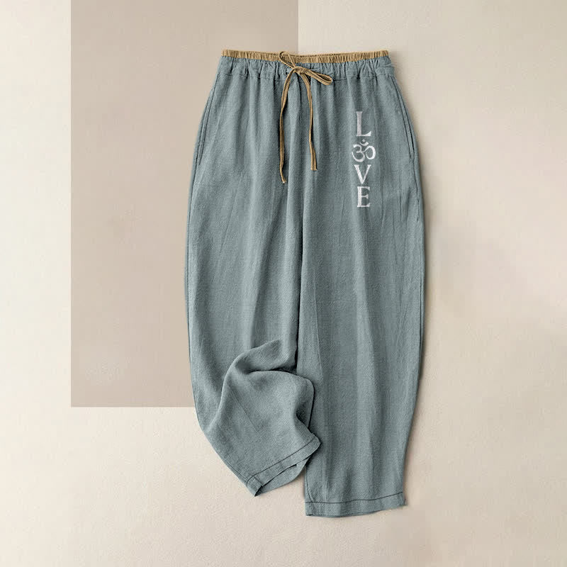 Buddha Stones Damesbroek van 100% Cotton met elastische Taille en Zakken , met Love OM-patroon. - CadetBlue - US16, UK/AU20, EU48 (3XL) - image 0