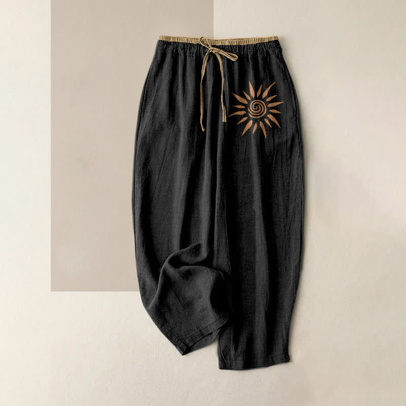 Buddha Stones Damesbroek met elastische Taille en Zakken , katoenen boho-stijl met zonnestralenpatroon. - Zwart - US16, UK/AU20, EU48 (3XL) - image 0