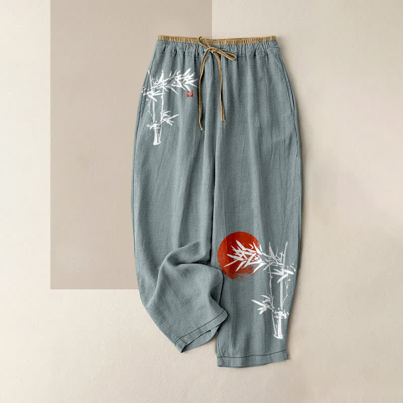 Buddha Stones Damesbroek van 100% Cotton met elastische Taille en Zakken , ingekleurd met bamboe en rood zonnepatroon. - CadetBlue - US16, UK/AU20, EU48 (3XL) - image 0