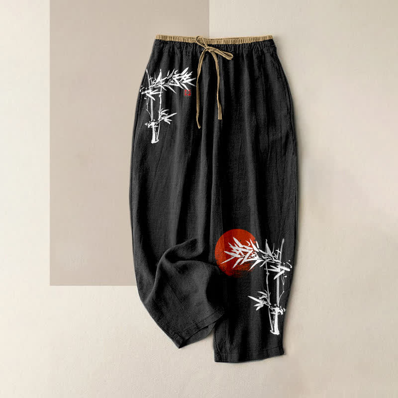 Buddha Stones Damesbroek van 100% Cotton met elastische Taille en Zakken , ingekleurd met bamboe en rood zonnepatroon. - Zwart - US16, UK/AU20, EU48 (3XL) - image 4