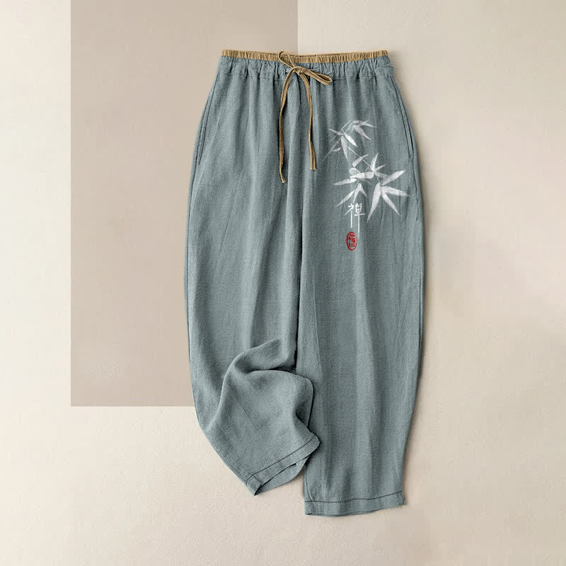 Buddha Stones Witte damesbroek van 100% Cotton met bamboeprint, elastische Taille en Zakken. - CadetBlue - US16, UK/AU20, EU48 (3XL) - image 0